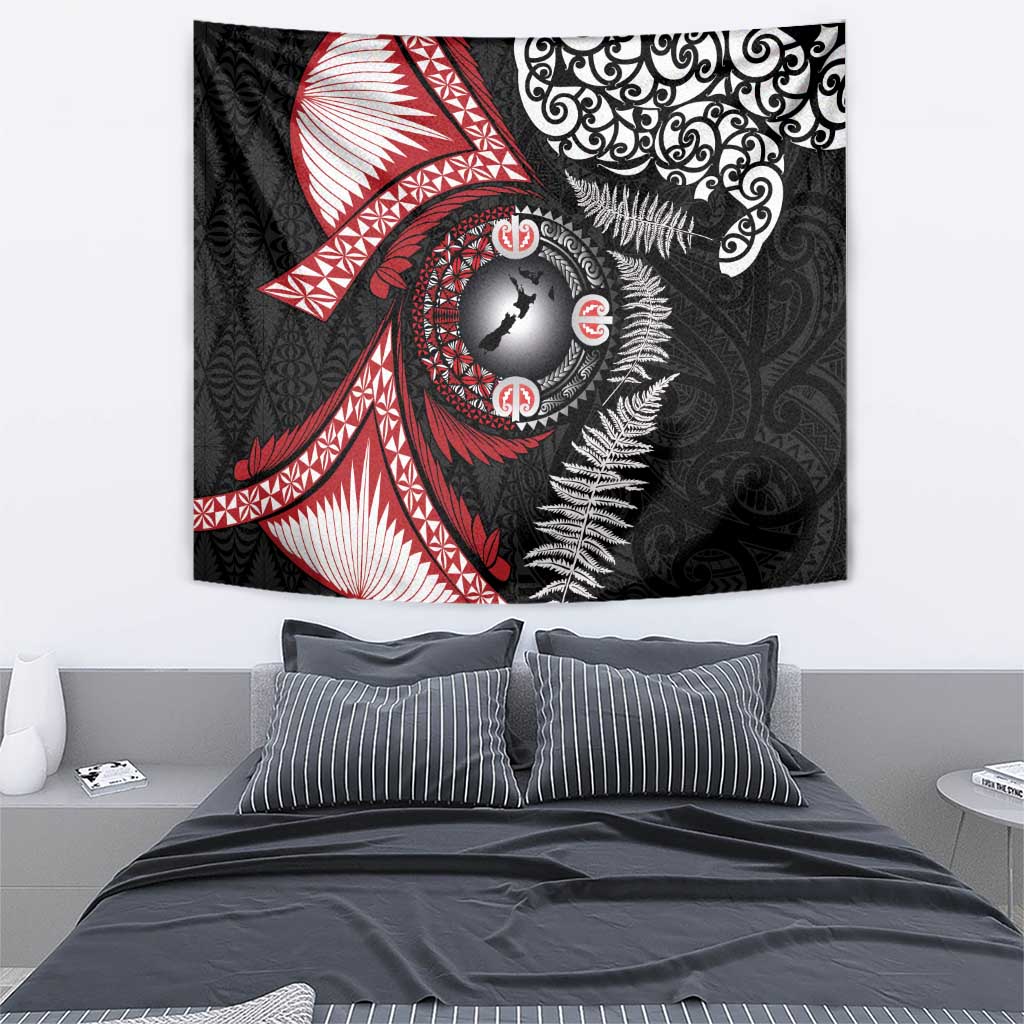 Tonga and New Zealand Together Tapestry Ngatu Art Tribal Maori Tattoo and Silver Fern