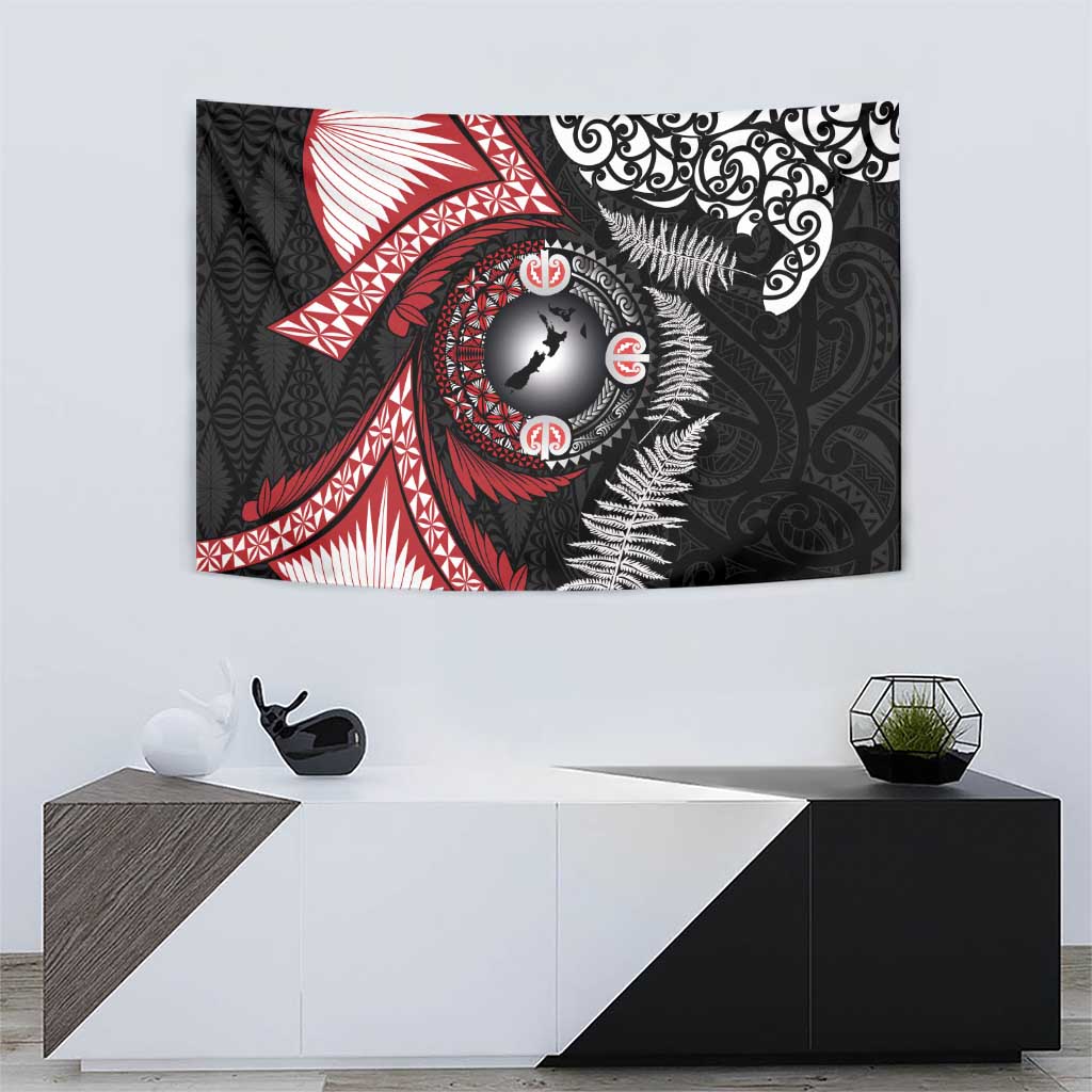 Tonga and New Zealand Together Tapestry Ngatu Art Tribal Maori Tattoo and Silver Fern