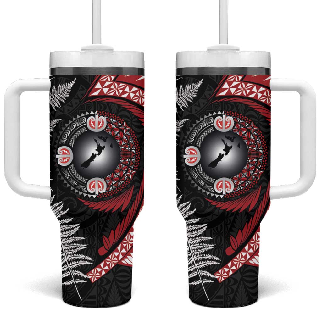 Tonga and New Zealand Together Tumbler With Handle Ngatu Art Tribal-Maori Tattoo and Silver Fern