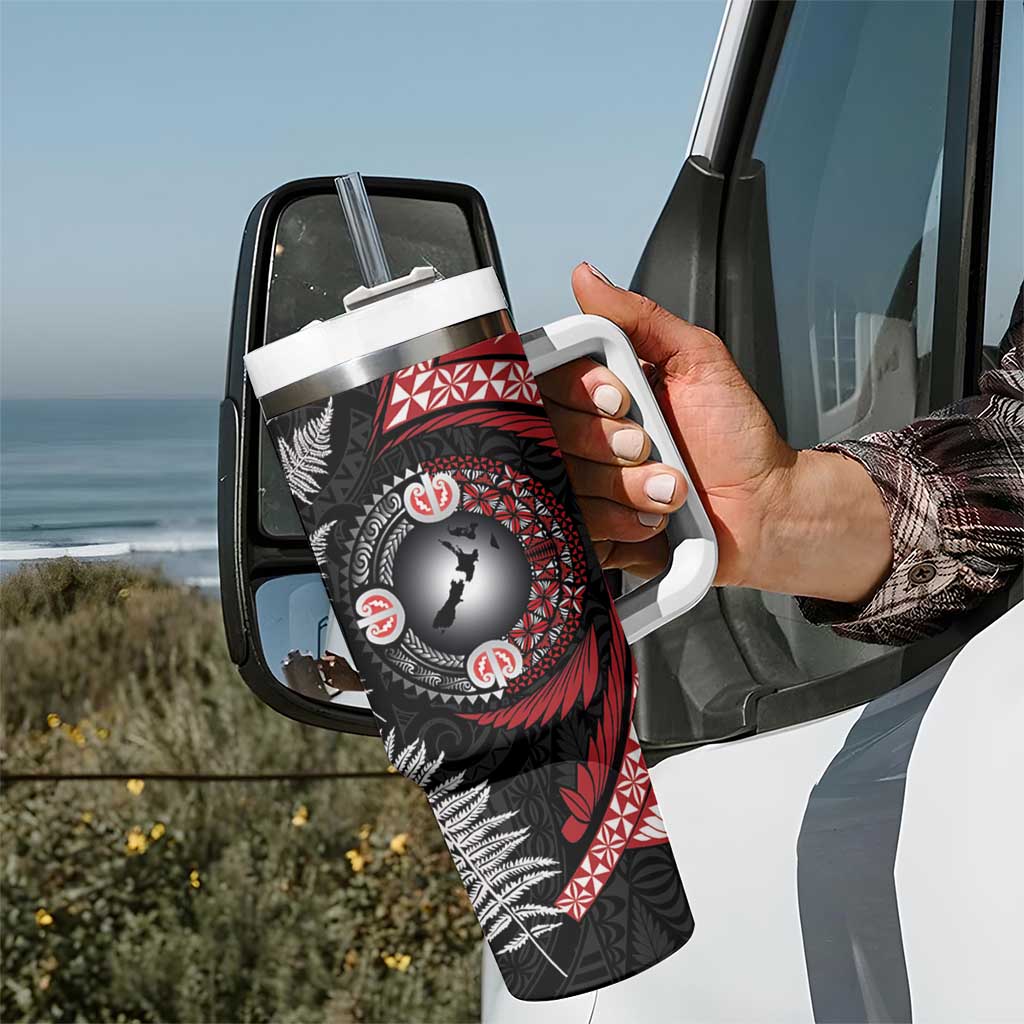 Tonga and New Zealand Together Tumbler With Handle Ngatu Art Tribal-Maori Tattoo and Silver Fern