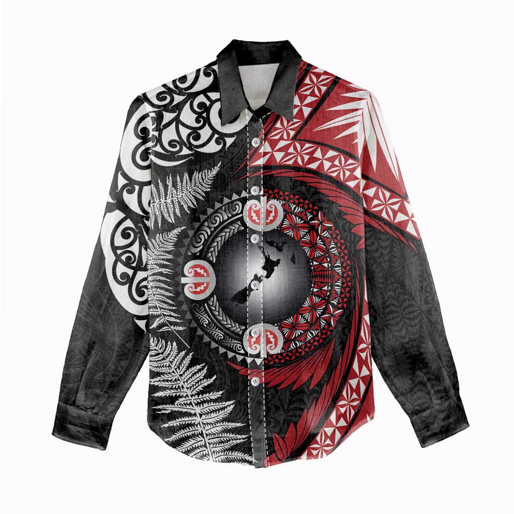 Tonga and New Zealand Together Women Casual Shirt Ngatu Art Tribal Maori Tattoo and Silver Fern