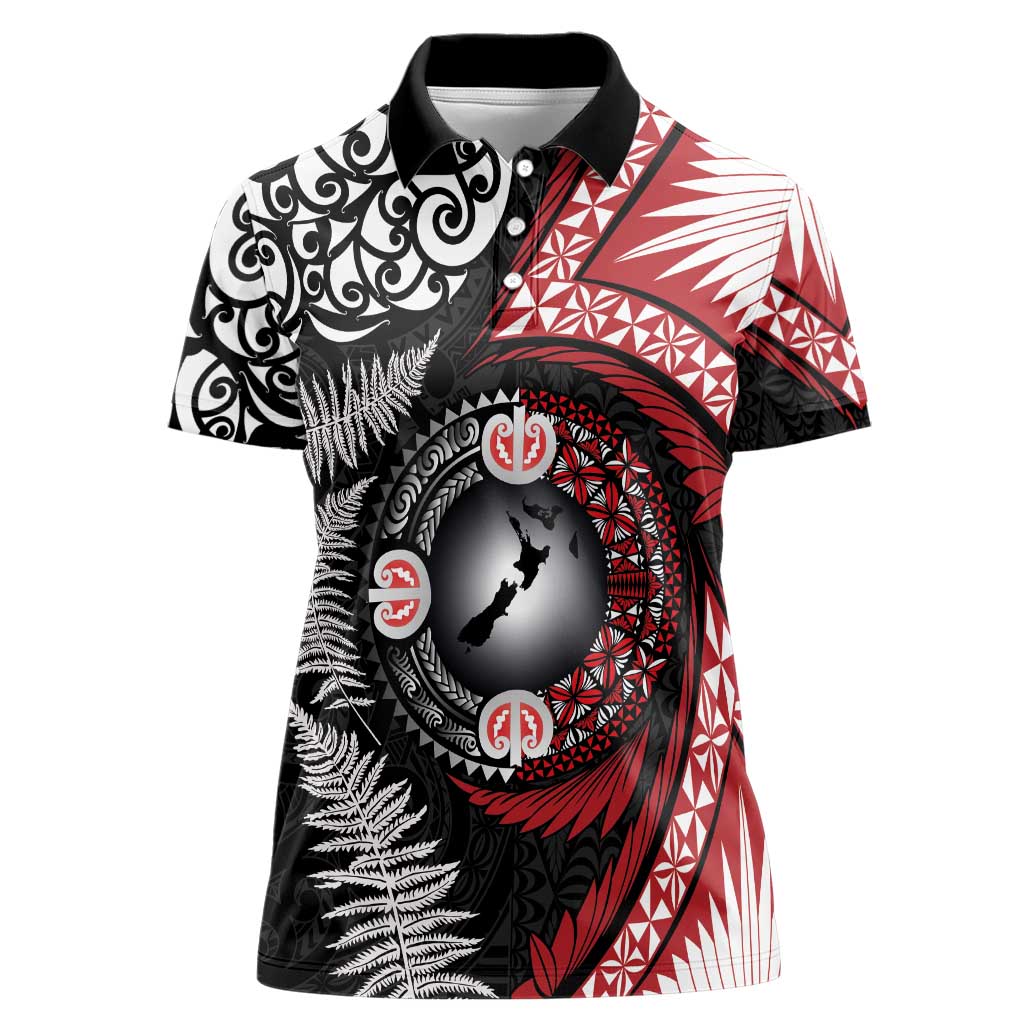 Tonga and New Zealand Together Women Polo Shirt Ngatu Art Tribal Maori Tattoo and Silver Fern LT03 Female Black - Polynesian Pride