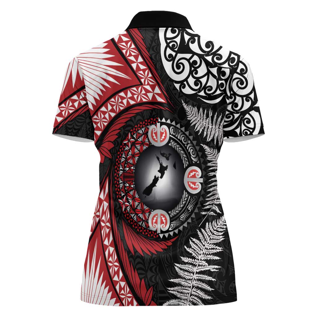 Tonga and New Zealand Together Women Polo Shirt Ngatu Art Tribal Maori Tattoo and Silver Fern LT03 - Polynesian Pride