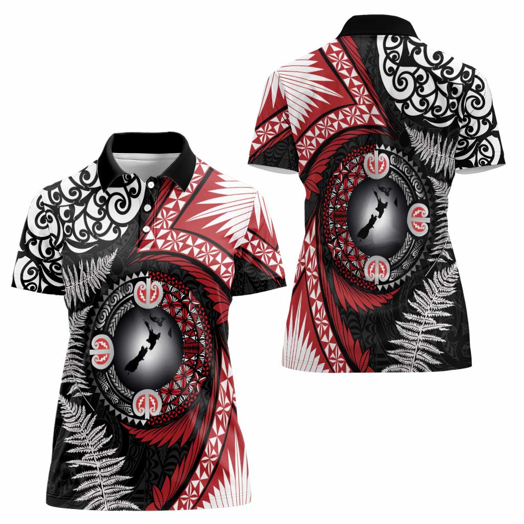 Tonga and New Zealand Together Women Polo Shirt Ngatu Art Tribal Maori Tattoo and Silver Fern LT03 - Polynesian Pride