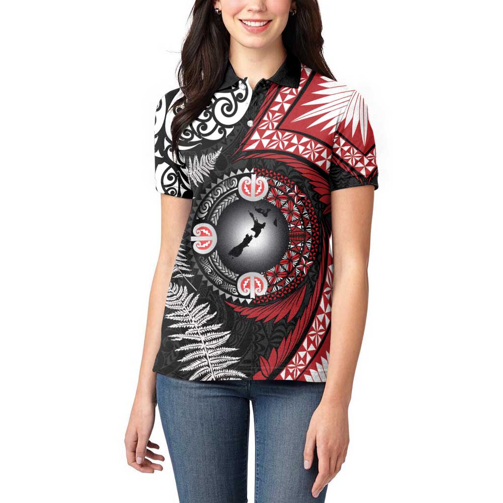 Tonga and New Zealand Together Women Polo Shirt Ngatu Art Tribal Maori Tattoo and Silver Fern LT03 - Polynesian Pride
