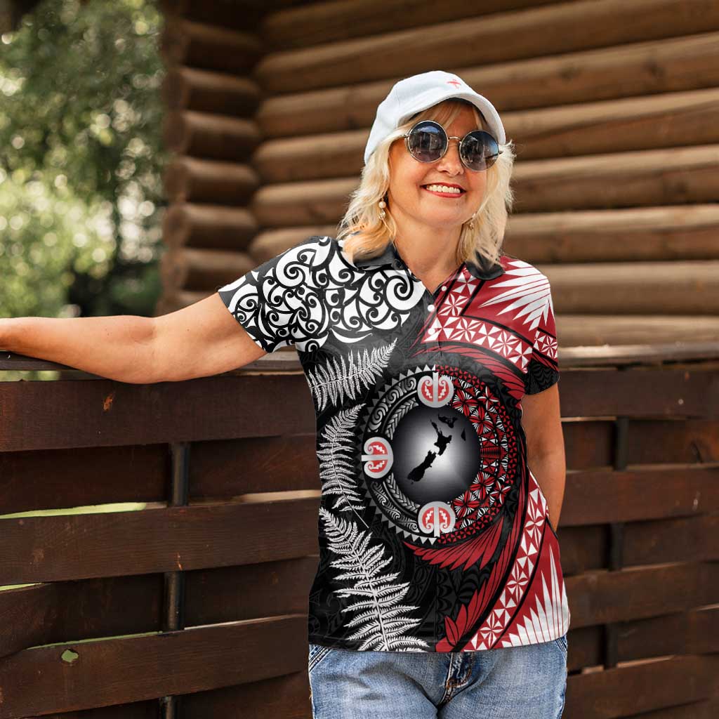 Tonga and New Zealand Together Women Polo Shirt Ngatu Art Tribal Maori Tattoo and Silver Fern LT03 - Polynesian Pride