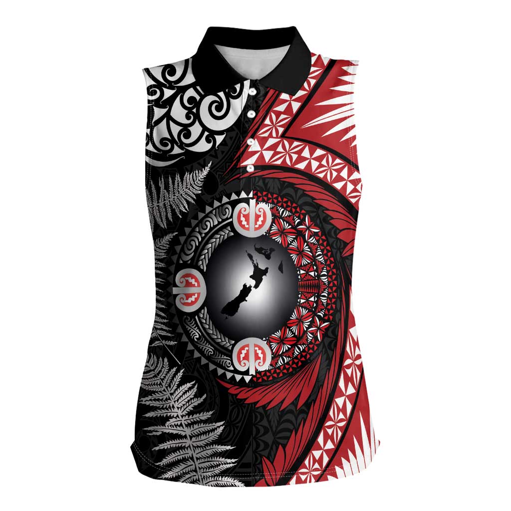 Tonga and New Zealand Together Women Sleeveless Polo Shirt Ngatu Art Tribal Maori Tattoo and Silver Fern LT03 Female Black - Polynesian Pride