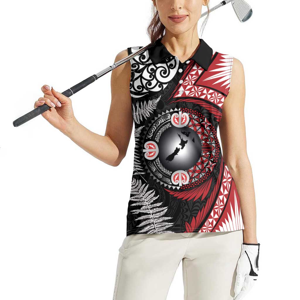 Tonga and New Zealand Together Women Sleeveless Polo Shirt Ngatu Art Tribal Maori Tattoo and Silver Fern LT03 - Polynesian Pride
