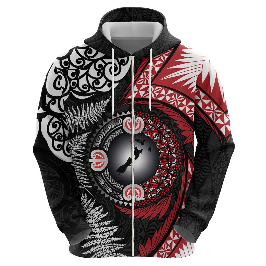 Tonga and New Zealand Together Zip Hoodie Ngatu Art Tribal Maori Tattoo and Silver Fern LT03 - Polynesian Pride