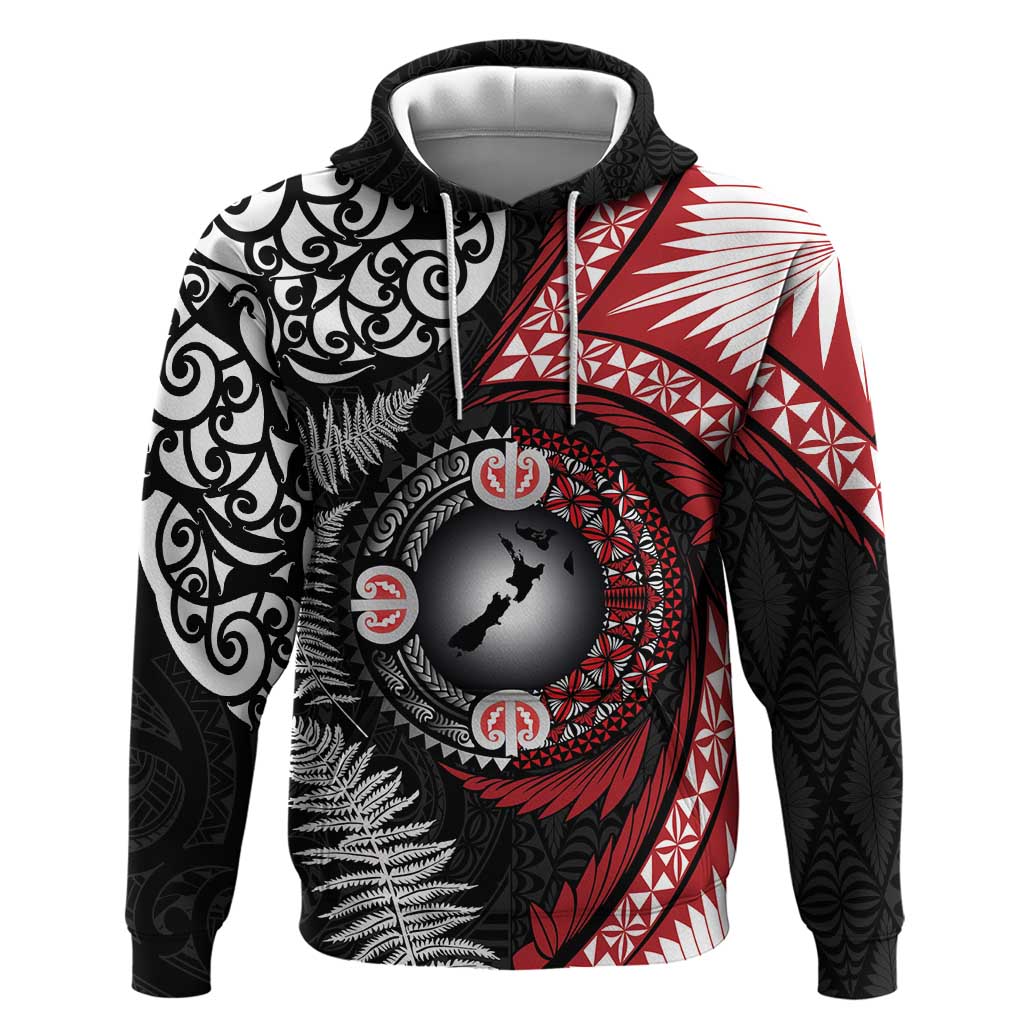 Tonga and New Zealand Together Zip Hoodie Ngatu Art Tribal Maori Tattoo and Silver Fern LT03 Pullover Hoodie Black - Polynesian Pride
