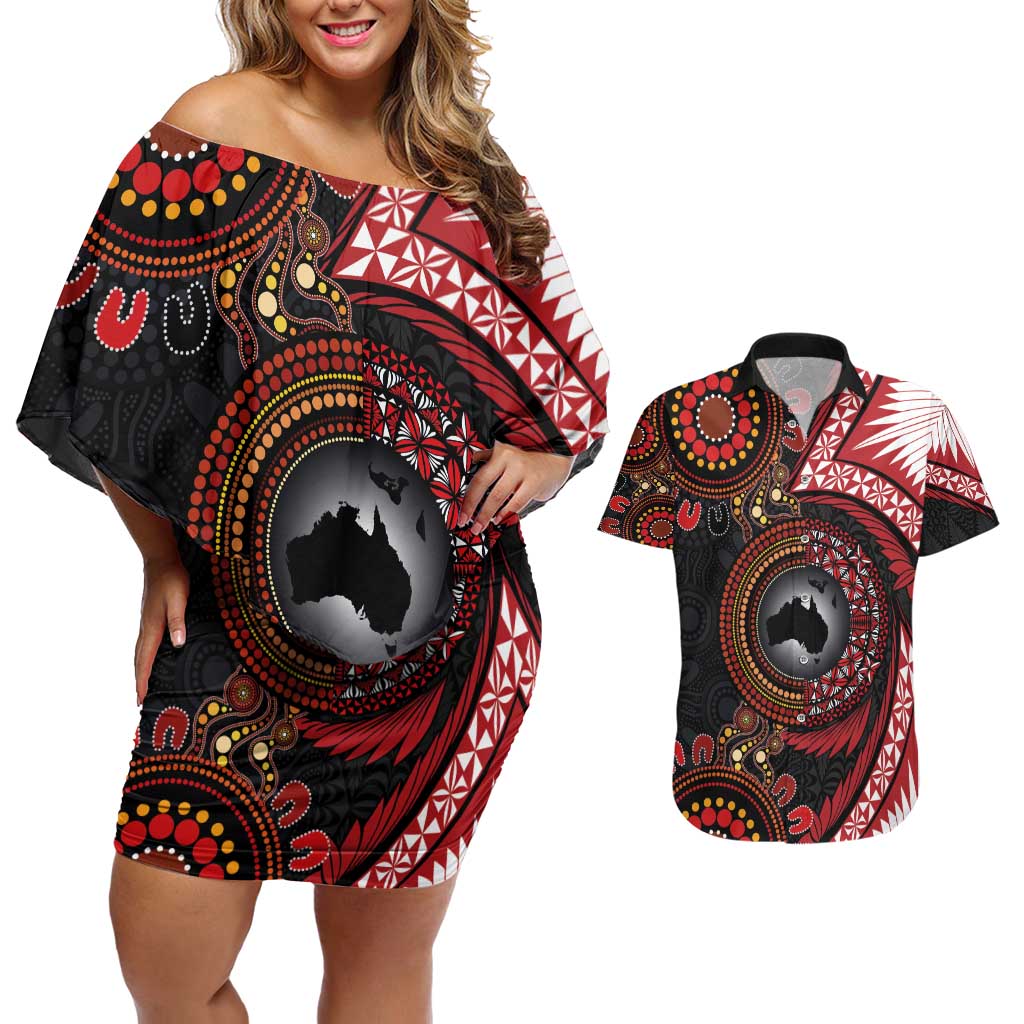 Tonga and Australia Together Couples Matching Off Shoulder Short Dress and Hawaiian Shirt Ngatu Art Tribal Aboriginal Tattoo Pattern