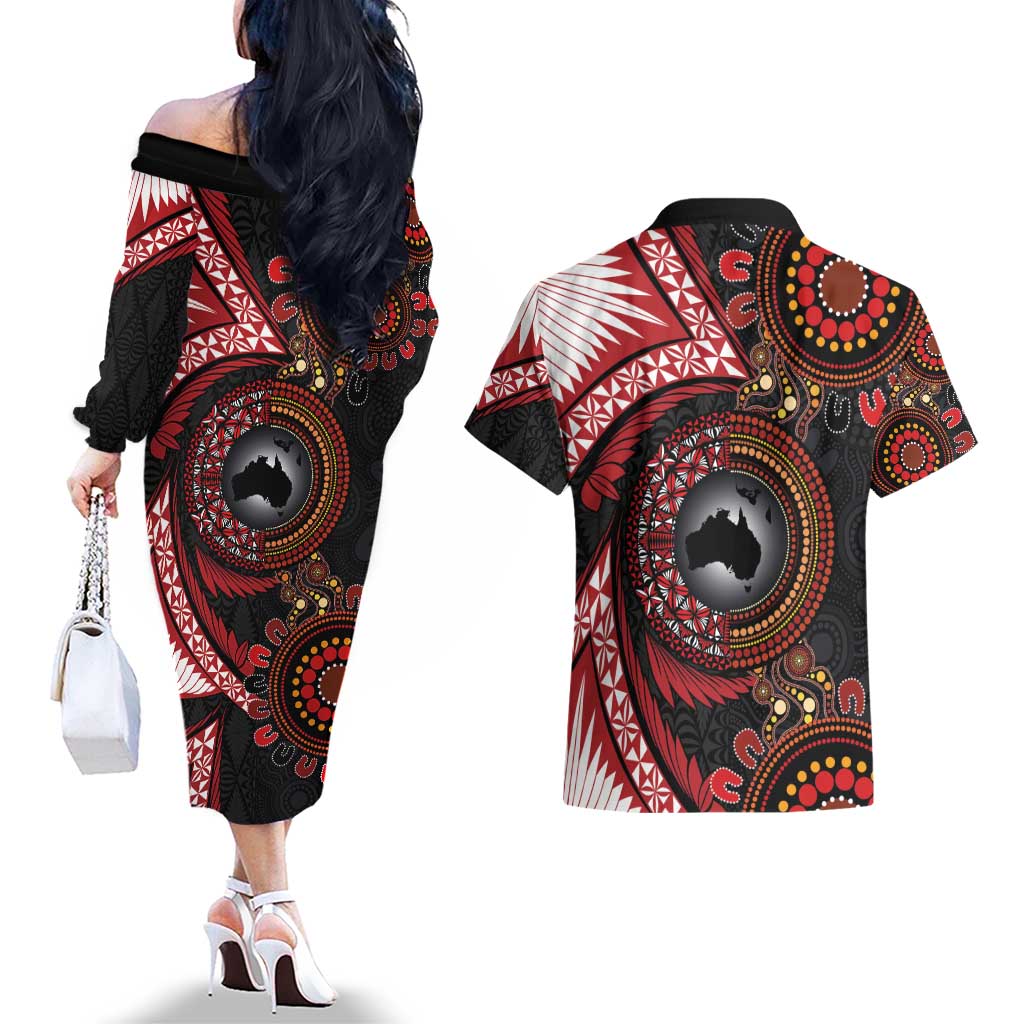 Tonga and Australia Together Couples Matching Off The Shoulder Long Sleeve Dress and Hawaiian Shirt Ngatu Art Tribal Aboriginal Tattoo Pattern