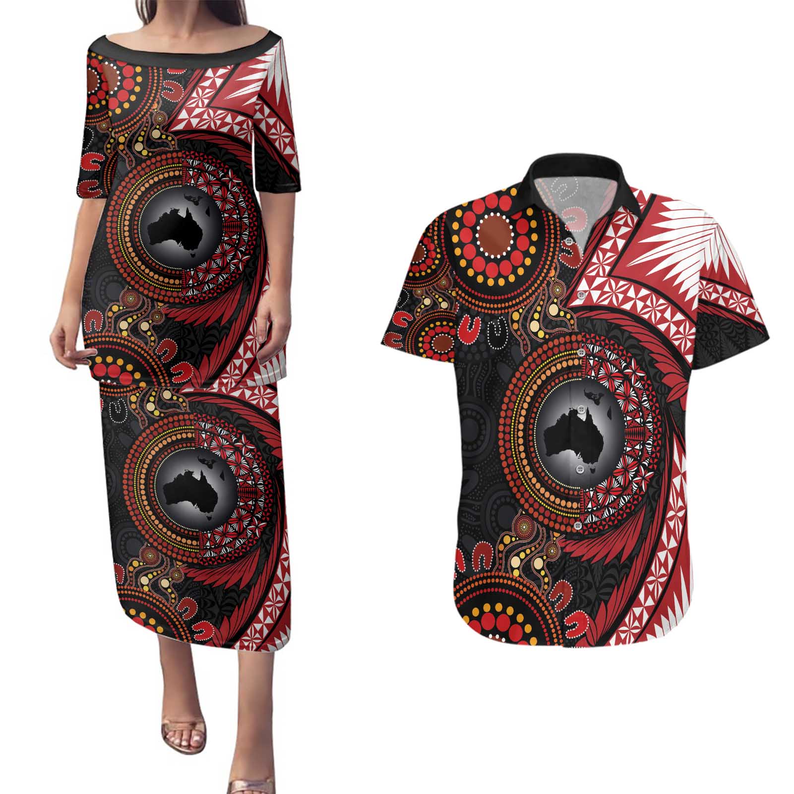 Tonga and Australia Together Couples Matching Puletasi and Hawaiian Shirt Ngatu Art Tribal Aboriginal Tattoo Pattern
