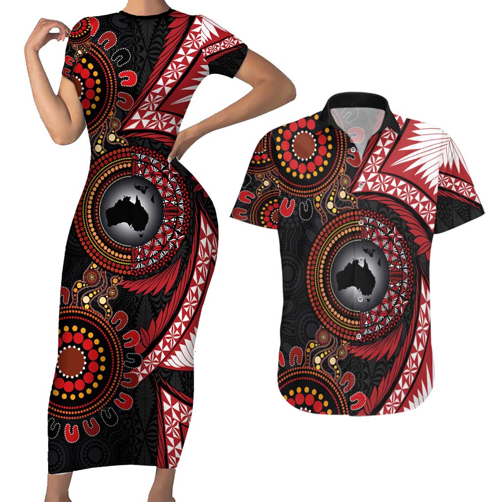 Tonga and Australia Together Couples Matching Short Sleeve Bodycon Dress and Hawaiian Shirt Ngatu Art Tribal Aboriginal Tattoo Pattern