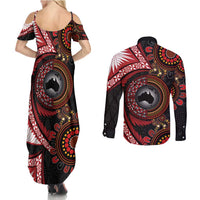 Tonga and Australia Together Couples Matching Summer Maxi Dress and Long Sleeve Button Shirt Ngatu Art Tribal Aboriginal Tattoo Pattern LT03 - Polynesian Pride