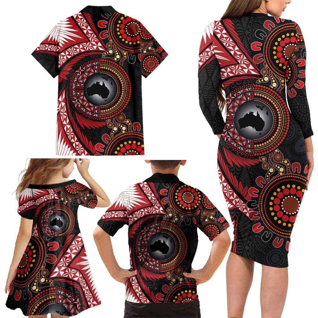 Tonga and Australia Together Family Matching Long Sleeve Bodycon Dress and Hawaiian Shirt Ngatu Art Tribal Aboriginal Tattoo Pattern LT03 - Polynesian Pride