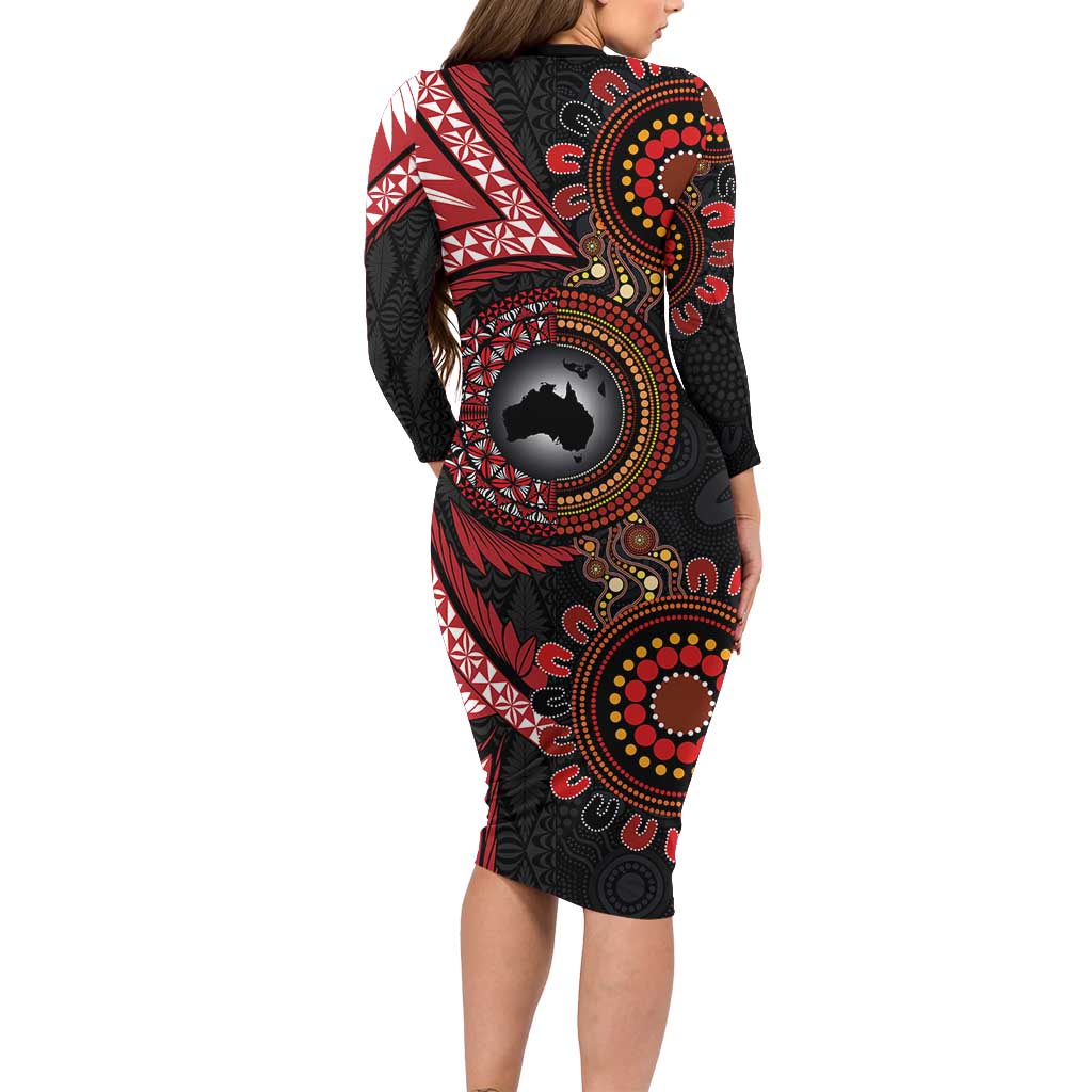 Tonga and Australia Together Family Matching Long Sleeve Bodycon Dress and Hawaiian Shirt Ngatu Art Tribal Aboriginal Tattoo Pattern LT03 - Polynesian Pride