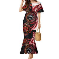 Tonga and Australia Together Family Matching Mermaid Dress and Hawaiian Shirt Ngatu Art Tribal Aboriginal Tattoo Pattern LT03 Mom's Dress Black - Polynesian Pride