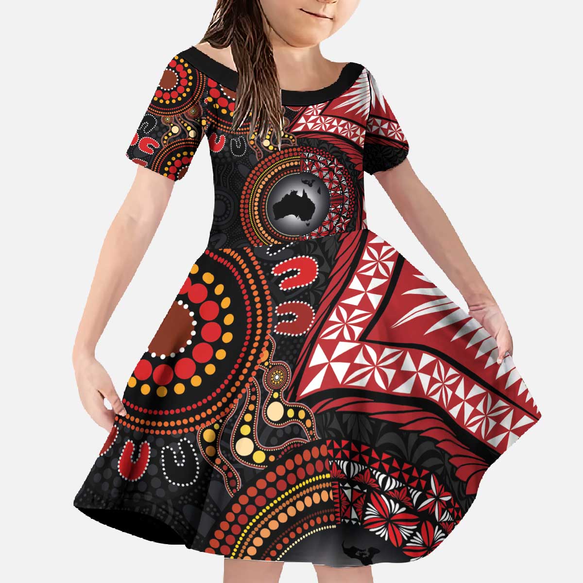 Tonga and Australia Together Family Matching Off The Shoulder Long Sleeve Dress and Hawaiian Shirt Ngatu Art Tribal Aboriginal Tattoo Pattern LT03 Daughter's Dress Black - Polynesian Pride