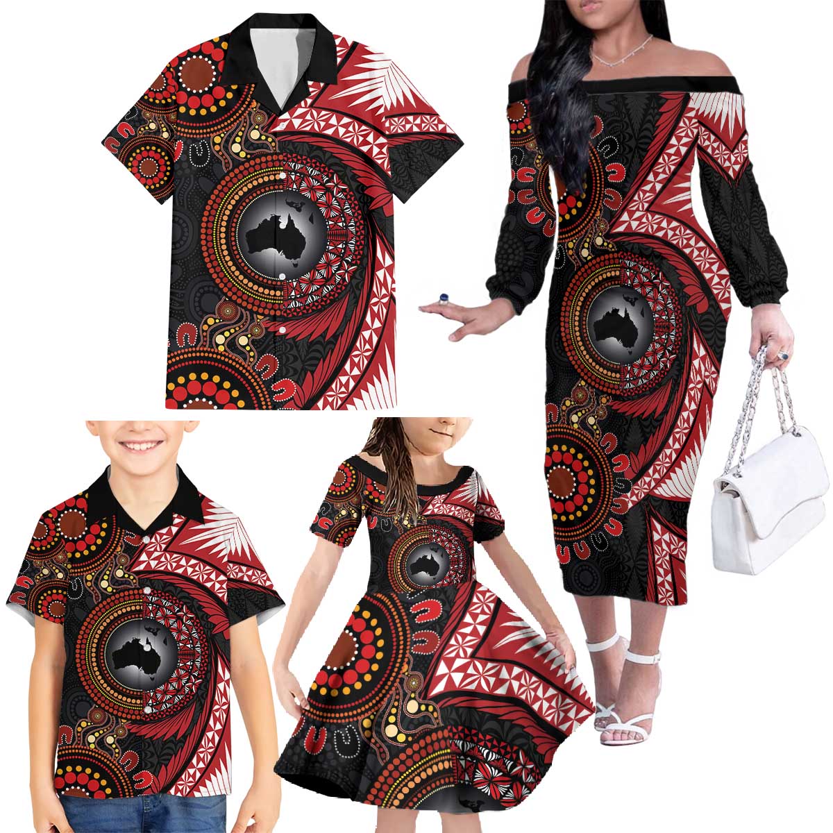 Tonga and Australia Together Family Matching Off The Shoulder Long Sleeve Dress and Hawaiian Shirt Ngatu Art Tribal Aboriginal Tattoo Pattern LT03 - Polynesian Pride