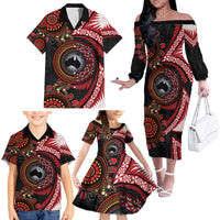 Tonga and Australia Together Family Matching Off The Shoulder Long Sleeve Dress and Hawaiian Shirt Ngatu Art Tribal Aboriginal Tattoo Pattern LT03 - Polynesian Pride