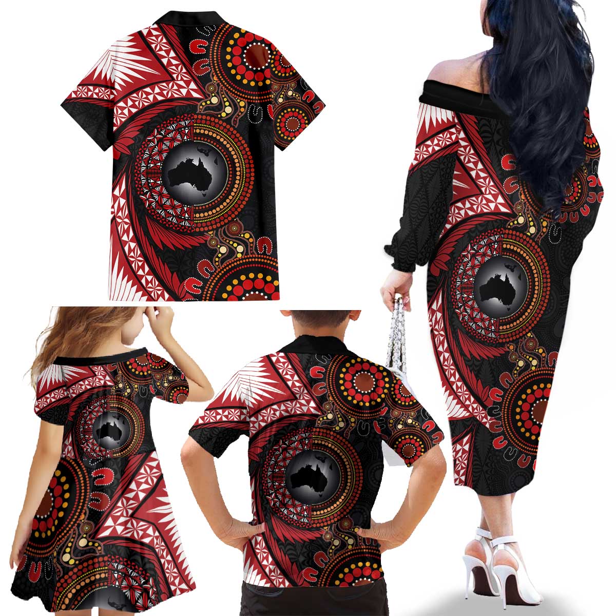 Tonga and Australia Together Family Matching Off The Shoulder Long Sleeve Dress and Hawaiian Shirt Ngatu Art Tribal Aboriginal Tattoo Pattern LT03 - Polynesian Pride