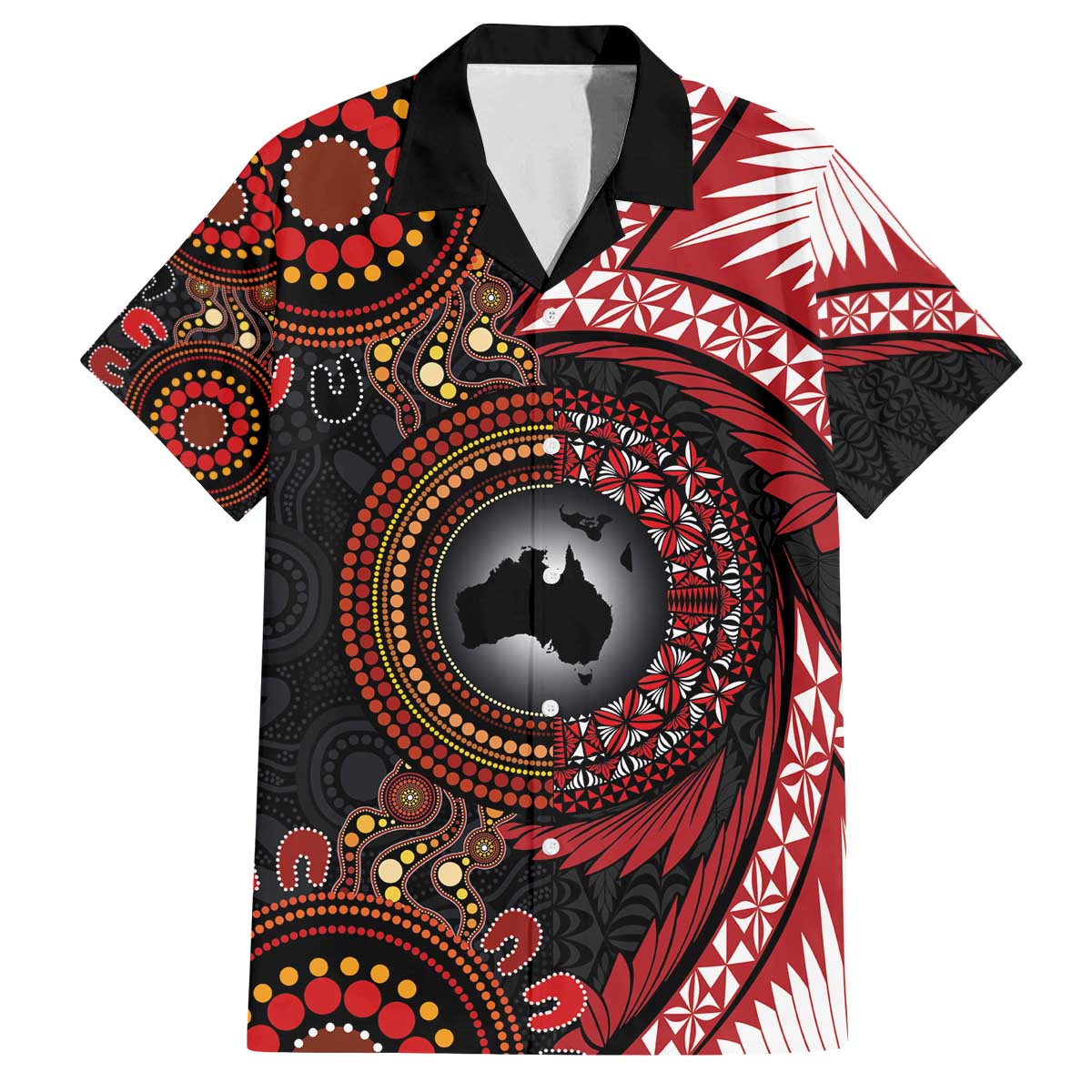 Tonga and Australia Together Family Matching Off The Shoulder Long Sleeve Dress and Hawaiian Shirt Ngatu Art Tribal Aboriginal Tattoo Pattern LT03 Dad's Shirt - Short Sleeve Black - Polynesian Pride
