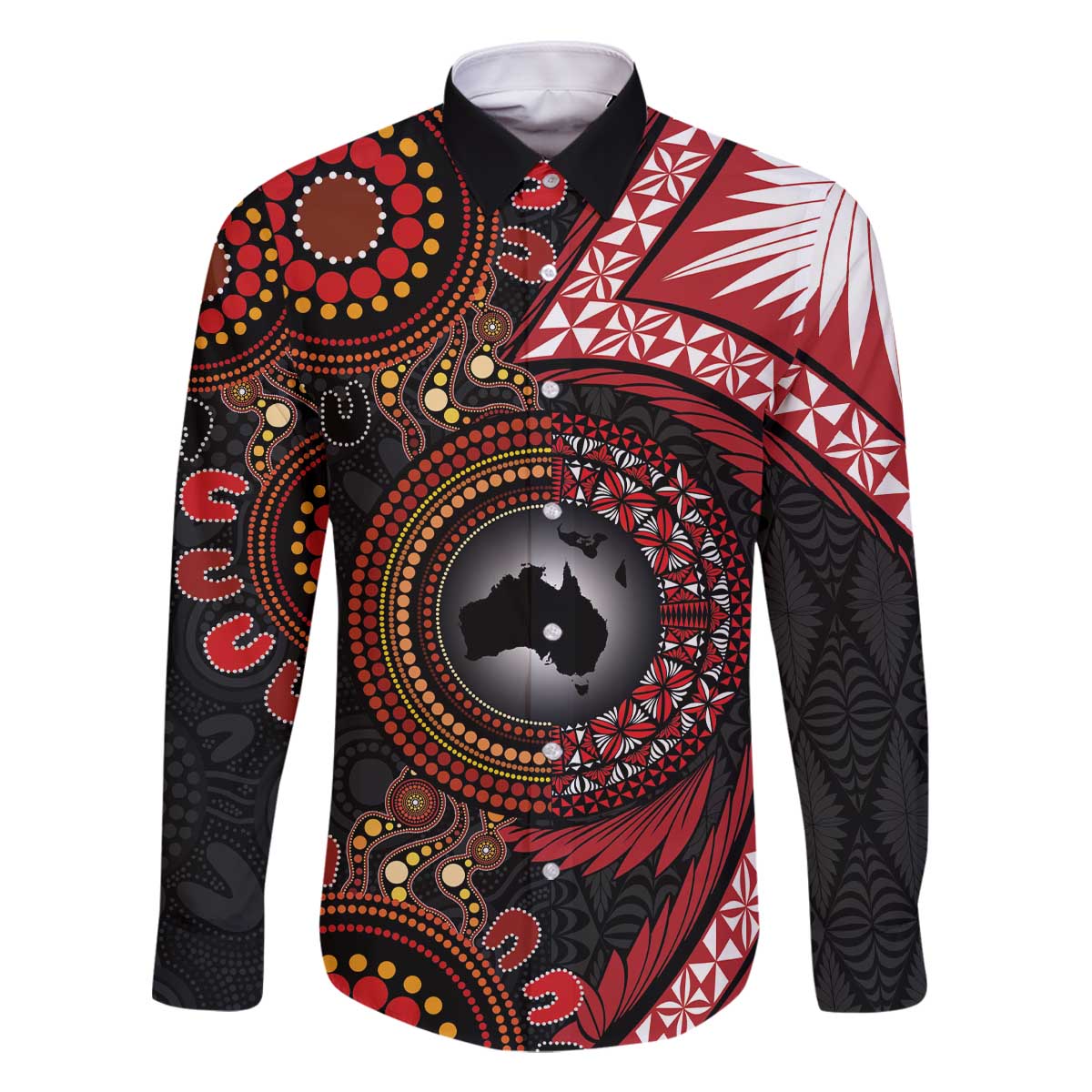 Tonga and Australia Together Family Matching Off The Shoulder Long Sleeve Dress and Hawaiian Shirt Ngatu Art Tribal Aboriginal Tattoo Pattern LT03 Dad's Shirt - Long Sleeve Black - Polynesian Pride