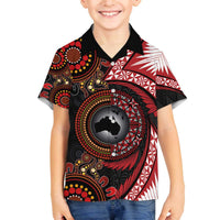 Tonga and Australia Together Family Matching Off The Shoulder Long Sleeve Dress and Hawaiian Shirt Ngatu Art Tribal Aboriginal Tattoo Pattern LT03 Son's Shirt Black - Polynesian Pride