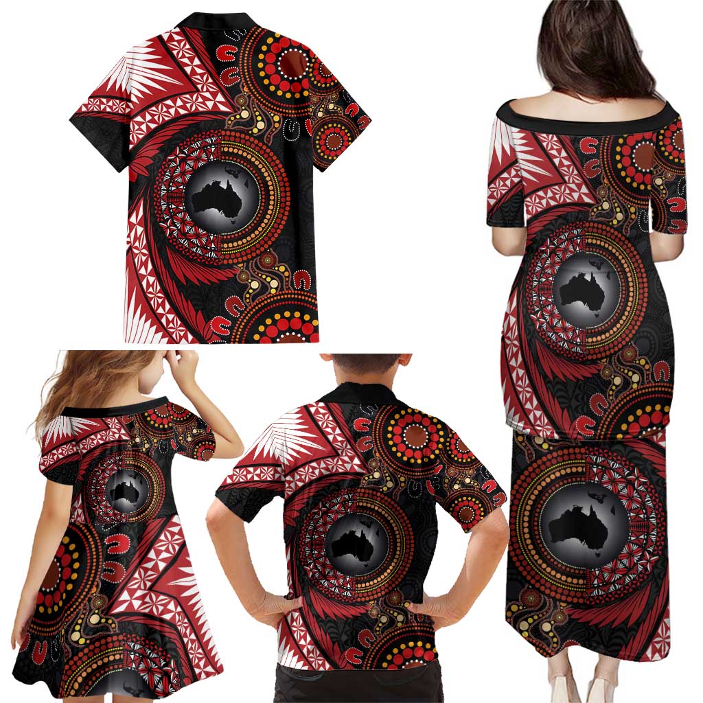 Tonga and Australia Together Family Matching Puletasi and Hawaiian Shirt Ngatu Art Tribal Aboriginal Tattoo Pattern