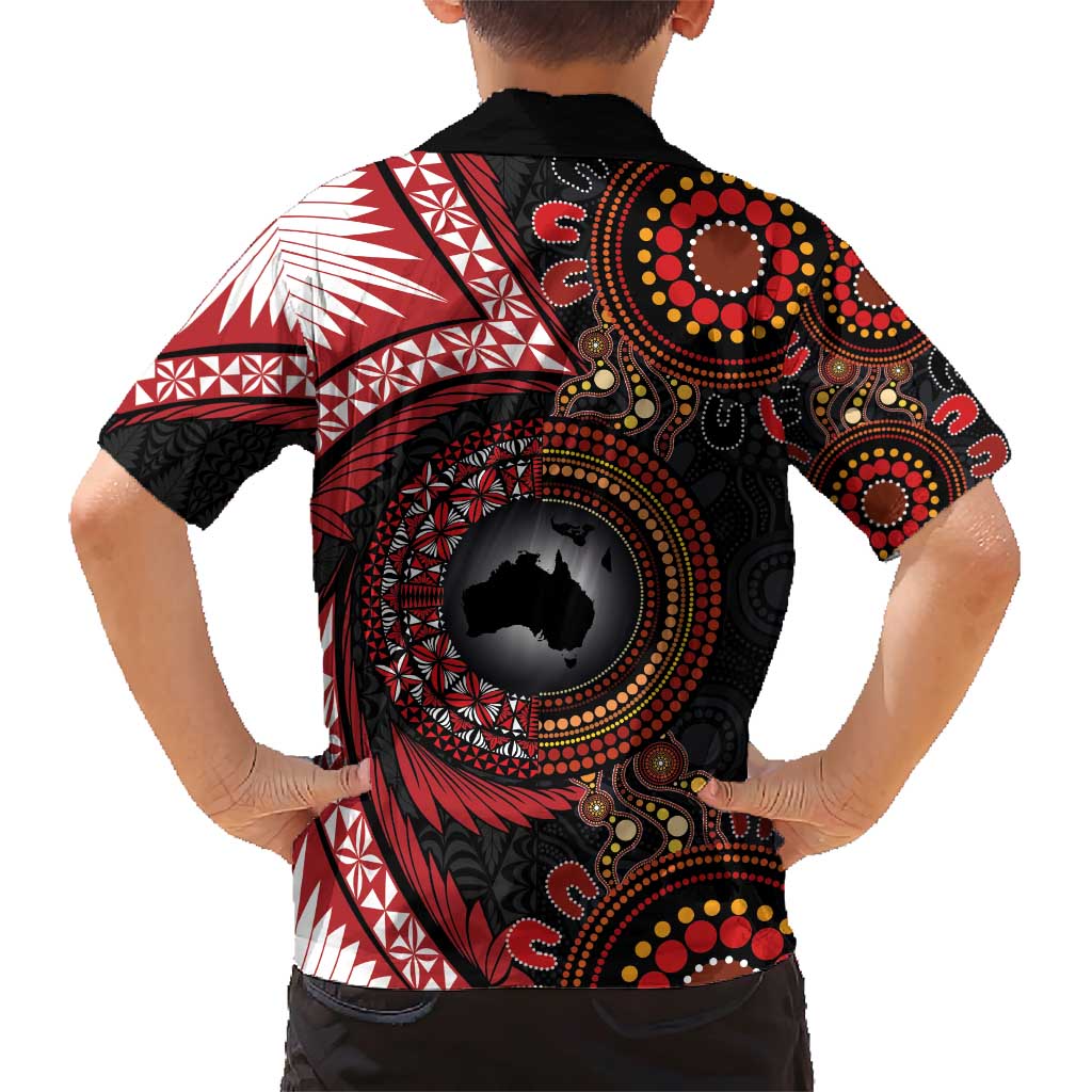 Tonga and Australia Together Family Matching Short Sleeve Bodycon Dress and Hawaiian Shirt Ngatu Art Tribal Aboriginal Tattoo Pattern LT03 - Polynesian Pride