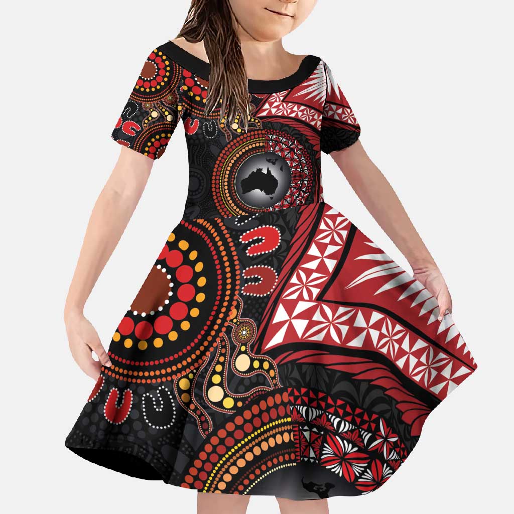 Tonga and Australia Together Family Matching Short Sleeve Bodycon Dress and Hawaiian Shirt Ngatu Art Tribal Aboriginal Tattoo Pattern LT03 Daughter's Dress Black - Polynesian Pride