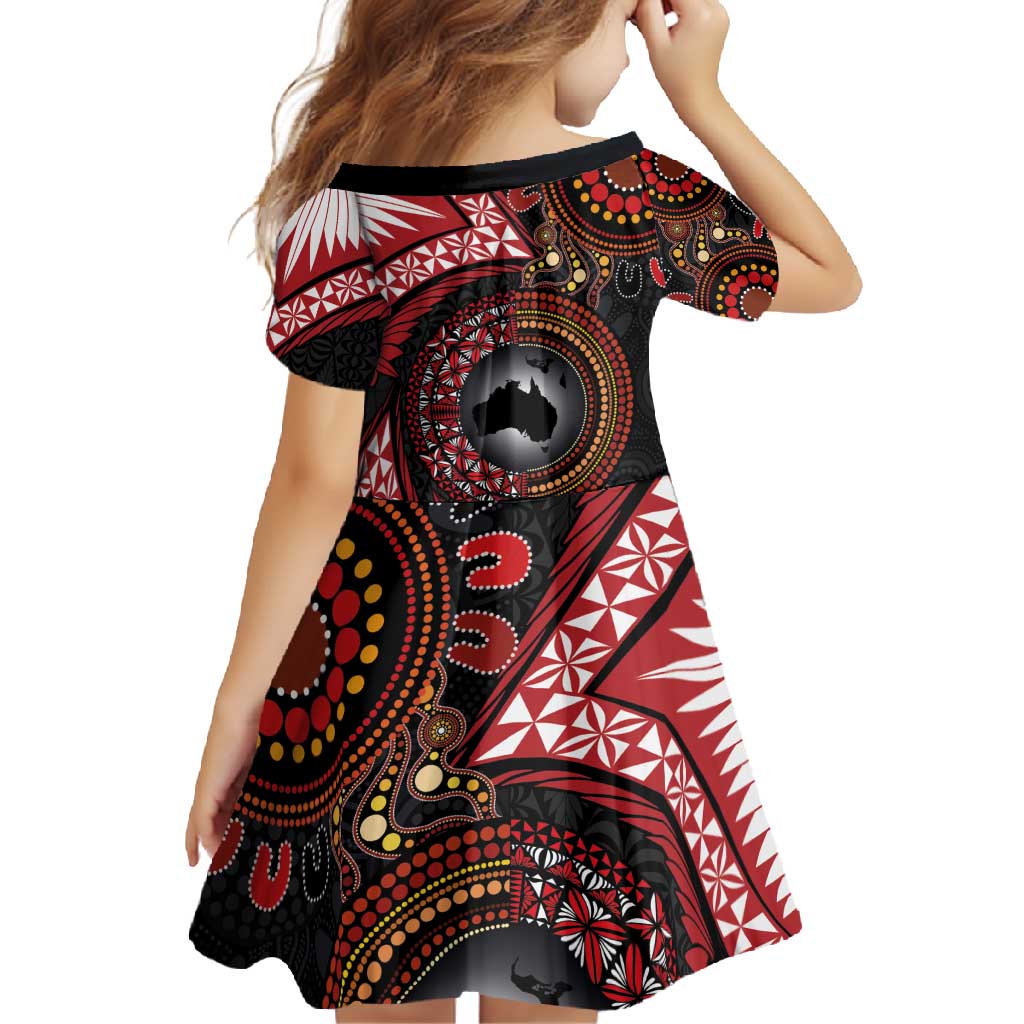 Tonga and Australia Together Family Matching Short Sleeve Bodycon Dress and Hawaiian Shirt Ngatu Art Tribal Aboriginal Tattoo Pattern LT03 - Polynesian Pride
