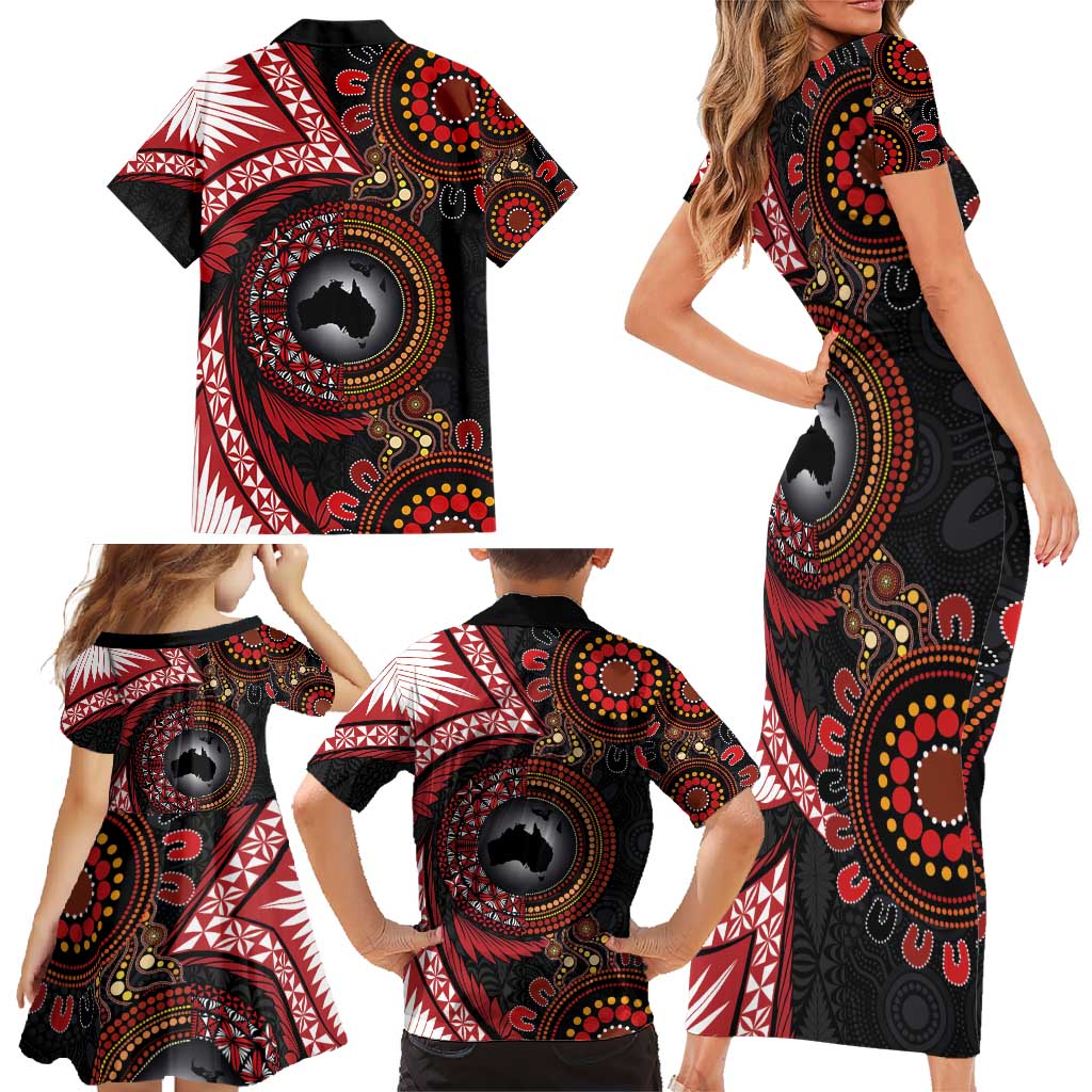 Tonga and Australia Together Family Matching Short Sleeve Bodycon Dress and Hawaiian Shirt Ngatu Art Tribal Aboriginal Tattoo Pattern LT03 - Polynesian Pride