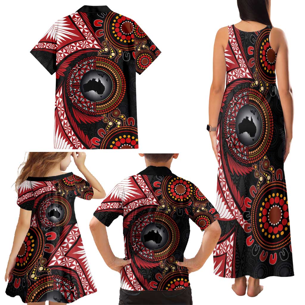 Tonga and Australia Together Family Matching Tank Maxi Dress and Hawaiian Shirt Ngatu Art Tribal Aboriginal Tattoo Pattern
