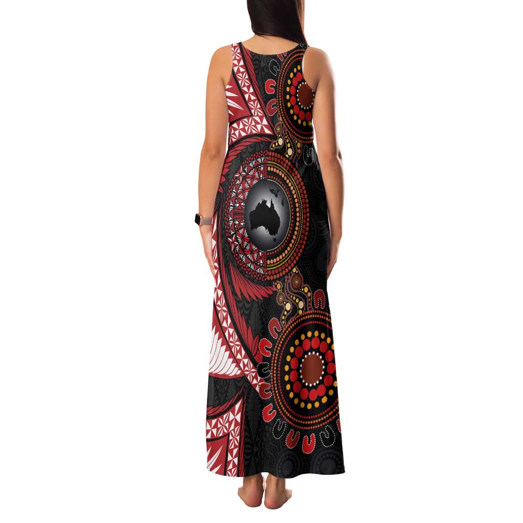 Tonga and Australia Together Family Matching Tank Maxi Dress and Hawaiian Shirt Ngatu Art Tribal Aboriginal Tattoo Pattern