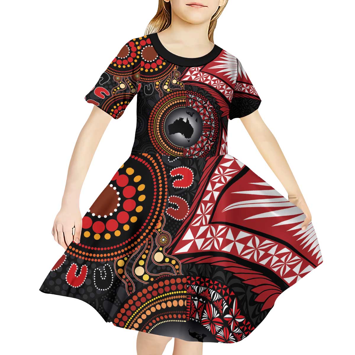 Tonga and Australia Together Kid Short Sleeve Dress Ngatu Art Tribal Aboriginal Tattoo Pattern
