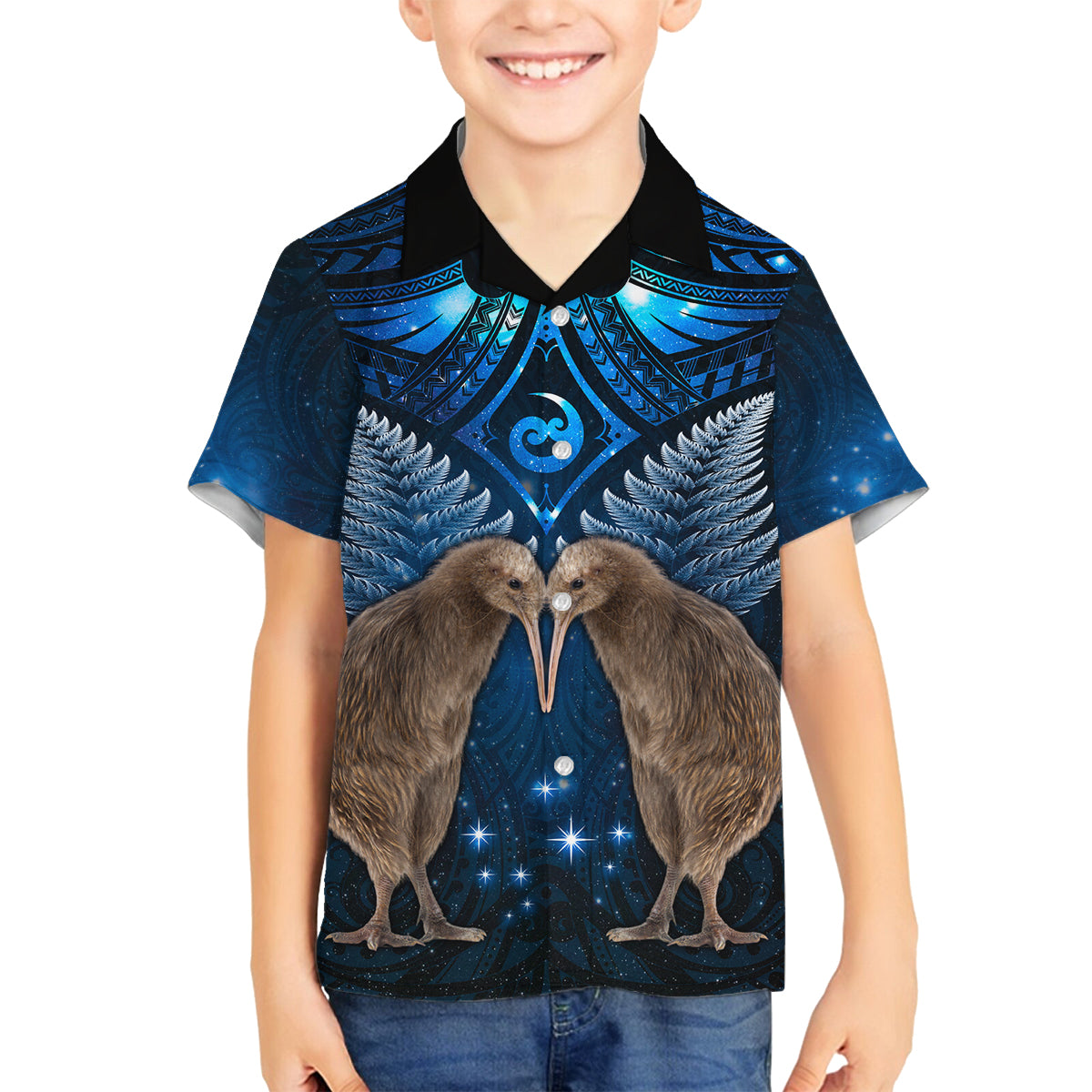 New Zealand Maori Matariki Family Matching Off Shoulder Short Dress and Hawaiian Shirt Hongi Kiwi Bird and Silver Fern LT03