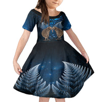 New Zealand Maori Matariki Kid Short Sleeve Dress Hongi Kiwi Bird and Silver Fern LT03 KID Blue - Polynesian Pride