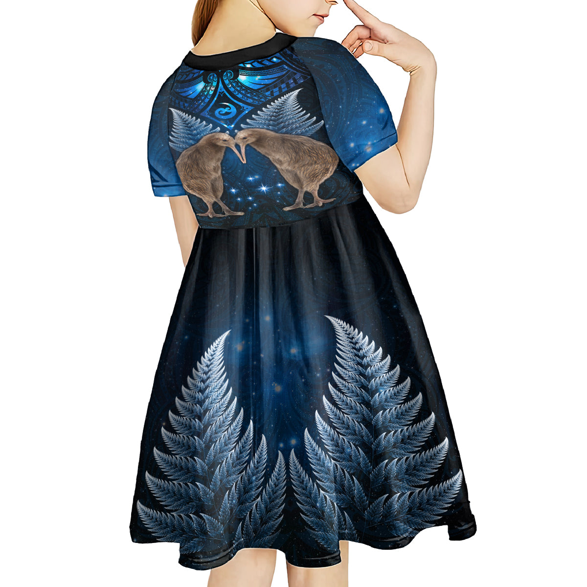 New Zealand Maori Matariki Kid Short Sleeve Dress Hongi Kiwi Bird and Silver Fern LT03 - Polynesian Pride