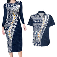 Hawaii Plumeria Tribal Vintage Couples Matching Long Sleeve Bodycon Dress and Hawaiian Shirt Special Blue LT03 Blue - Polynesian Pride