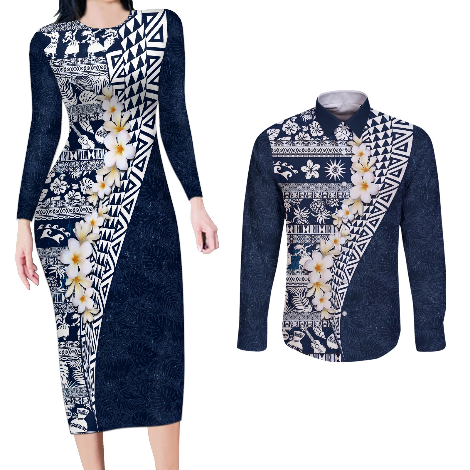 Hawaii Plumeria Tribal Vintage Couples Matching Long Sleeve Bodycon Dress and Long Sleeve Button Shirt Special Blue