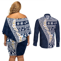 Hawaii Plumeria Tribal Vintage Couples Matching Off Shoulder Short Dress and Long Sleeve Button Shirt Special Blue