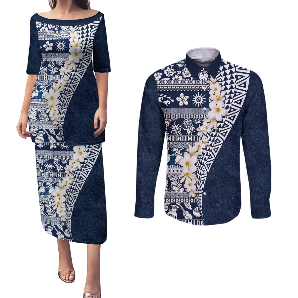 Hawaii Plumeria Tribal Vintage Couples Matching Puletasi and Long Sleeve Button Shirt Special Blue
