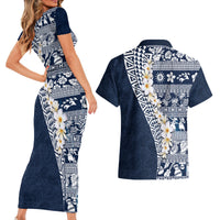 Hawaii Plumeria Tribal Vintage Couples Matching Short Sleeve Bodycon Dress and Hawaiian Shirt Special Blue LT03 - Polynesian Pride