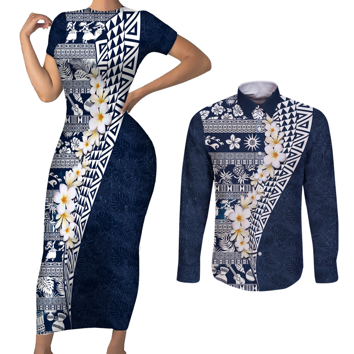 Hawaii Plumeria Tribal Vintage Couples Matching Short Sleeve Bodycon Dress and Long Sleeve Button Shirt Special Blue