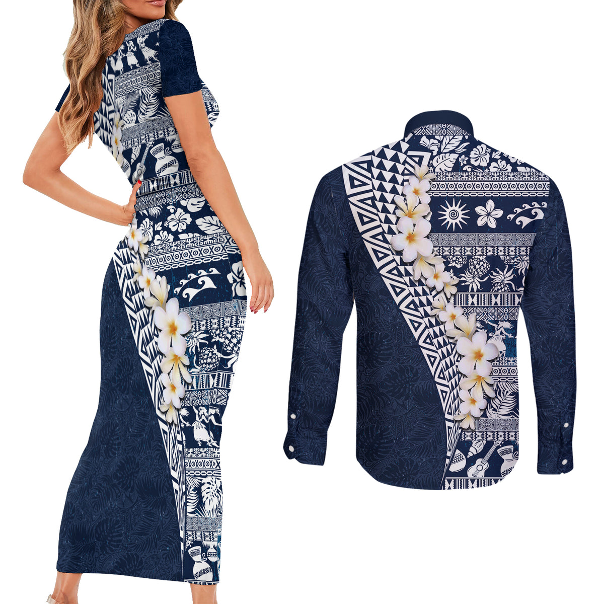 Hawaii Plumeria Tribal Vintage Couples Matching Short Sleeve Bodycon Dress and Long Sleeve Button Shirt Special Blue