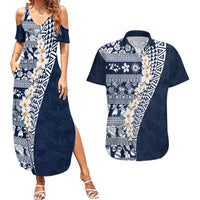 Hawaii Plumeria Tribal Vintage Couples Matching Summer Maxi Dress and Hawaiian Shirt Special Blue