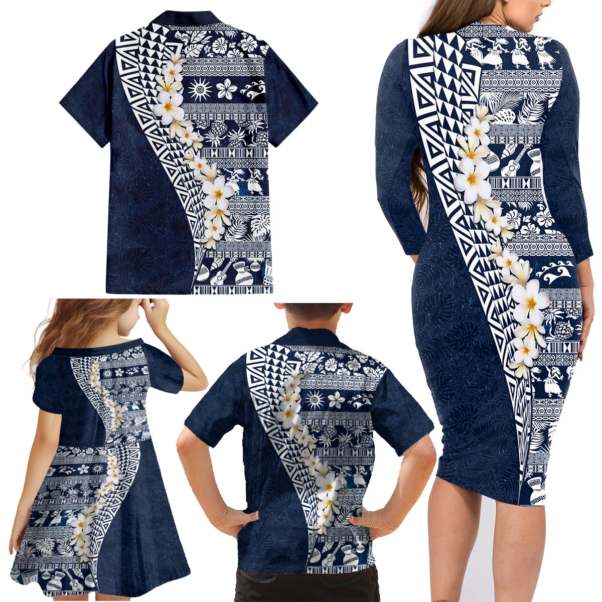 Hawaii Plumeria Tribal Vintage Family Matching Long Sleeve Bodycon Dress and Hawaiian Shirt Special Blue LT03 - Polynesian Pride