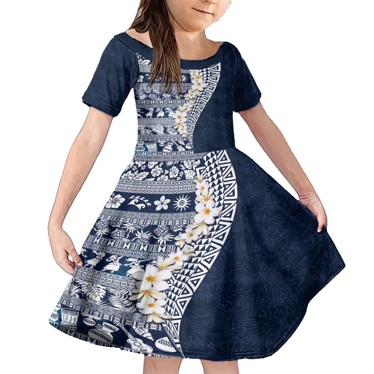 Hawaii Plumeria Tribal Vintage Family Matching Puletasi and Hawaiian Shirt Special Blue LT03 Daughter's Dress Blue - Polynesian Pride